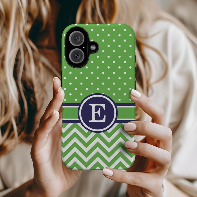 Monogramm für grüne und Navy Preppy Zickzack Dots Case-Mate iPhone Hülle (Von Creator hochgeladen)