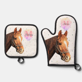 Monogramm für hübsche Pferdehaltung Ofenhandschuh & Topflappen-Set