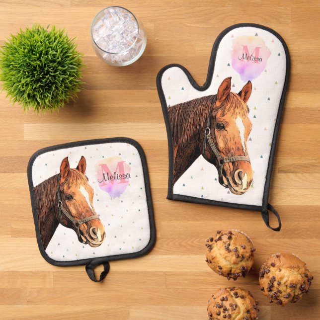 Monogramm für hübsche Pferdehaltung Ofenhandschuh & Topflappen-Set (Oben Unten)
