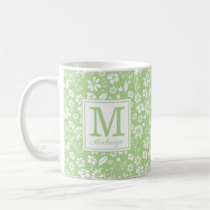 Monogramm für kalkgrüne tropische Blume Kaffeetasse