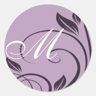 Monogramm für lila florale Wirbel Runder Aufkleber