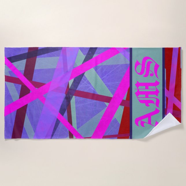 Monogramm für Lila geometrische Linien, rosa und r Strandtuch (Vorderseite)
