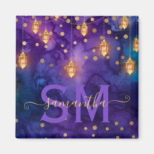 Monogramm für lila und blaues Laternenglühen Magnet