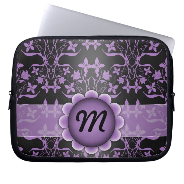 Monogramm für lila und schwarze Damaskus Laptopschutzhülle (Vorderseite)