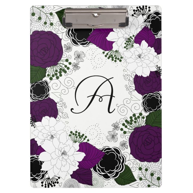 Monogramm für lila und weiße Blumenmuster Klemmbrett (Vorderseite)