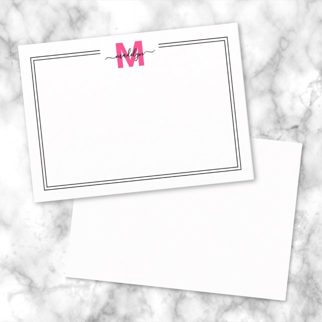Monogramm für Minimalistisch rosa Skriptnamen Mitteilungskarte (Minimalist Pink Script Name Monogram Note Card)