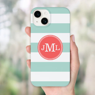 Monogramm für Minze und Korallenbreite Streifen Case-Mate iPhone 14 Hülle