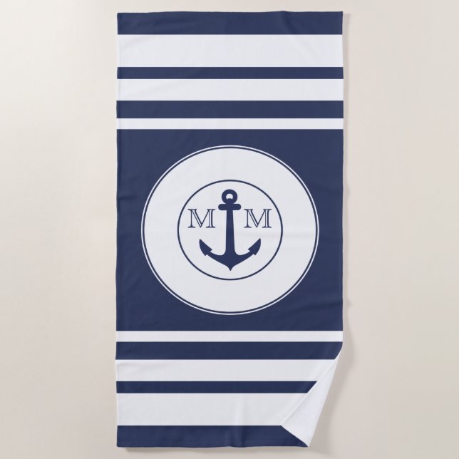 Monogramm für moderne blaue Streifen der Nautic Na Strandtuch (Vorderseite)