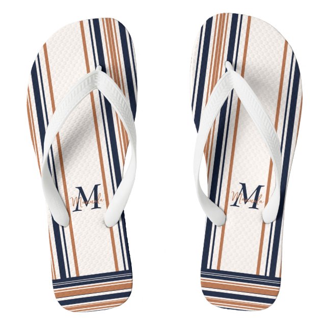 Monogramm für moderne blaue und goldene Streifen Flip Flops (Fußbett)