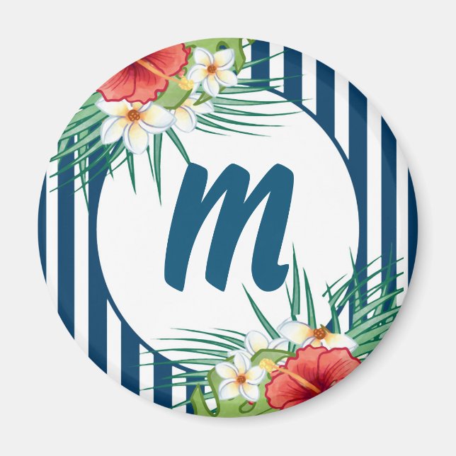 Monogramm für moderne Blaustreifen und Blume Magnet (Vorne)