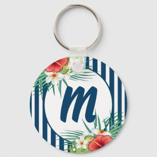 Monogramm für moderne Blaustreifen und Blume Schlüsselanhänger
