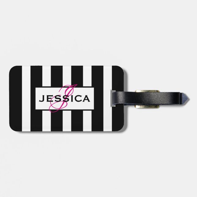 Monogramm für moderne Schwarz-Weiß-Streifen Gepäckanhänger (Rückseite horizontal)