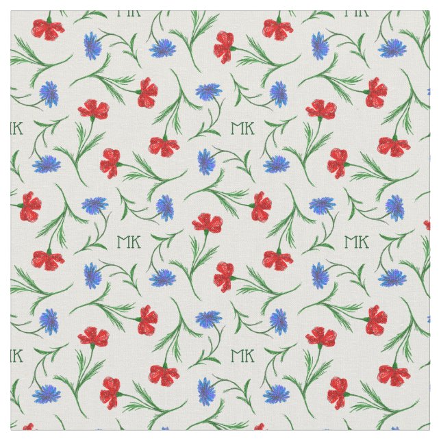 Monogramm für Mohnblumen und Kornblumen Stoff (Nahaufnahme)