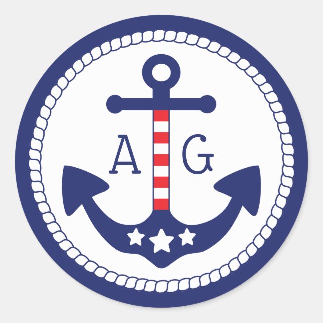 Monogramm für Nautic Anchor Patriotic Stars & Stri Runder Aufkleber (Vorderseite)