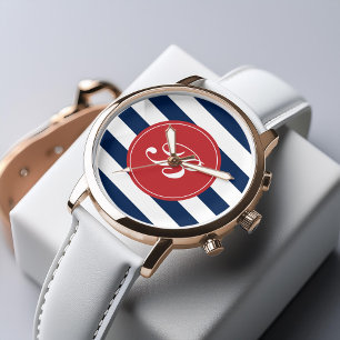 Monogramm für Navy Blue and Red Stripes Armbanduhr