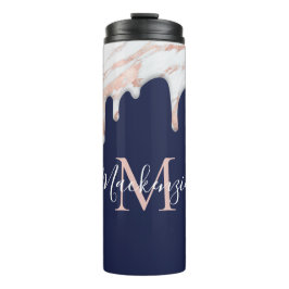 Monogramm für Navy Blue Rose Gold Dripping Marble Thermosbecher