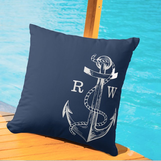 Monogramm für Navy Blue Ship Nautical Anchor & Rop Kissen (Von Creator hochgeladen)