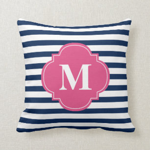 Monogramm für Navy Blue und Fuchsia Stripes Kissen