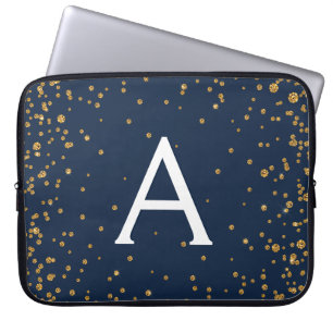 Monogramm für Navy Blue und Gold Confetti Laptopschutzhülle