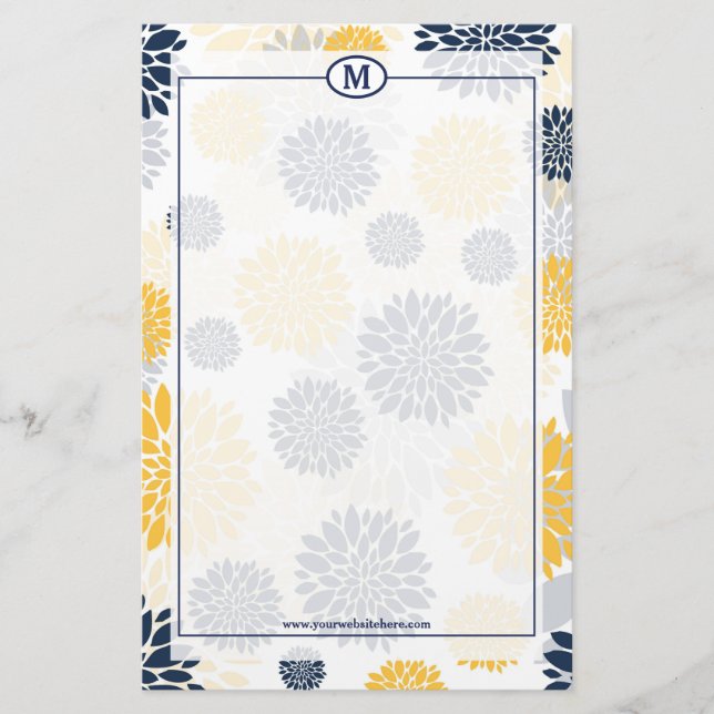 Monogramm für Navy Blue und Gold Floral Briefpapier (Vorderseite)