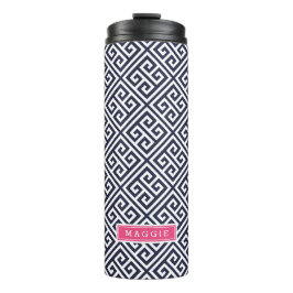 Monogramm für Navy Blue und Rosa griechischer Schl Thermosbecher