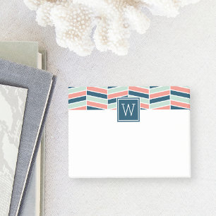 Monogramm für Navy, Coral und Aqua Herringbone Post-it Klebezettel