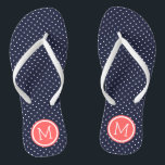 Monogramm für Navy und Coral Tiny Dots Flip Flops<br><div class="desc">Maßgeschneiderte gedreht Flop Sandalen mit einem niedlichen gürtelförmigen Polka-Punktmuster und einem eigenen Monogramm oder einem anderen Text in einem Kreisrahmen. Klicken Sie auf Anpassen,  um Schriftart und Farben zu ändern oder eigene Bilder hinzuzufügen,  um ein einzigartiges Design zu erstellen!</div>