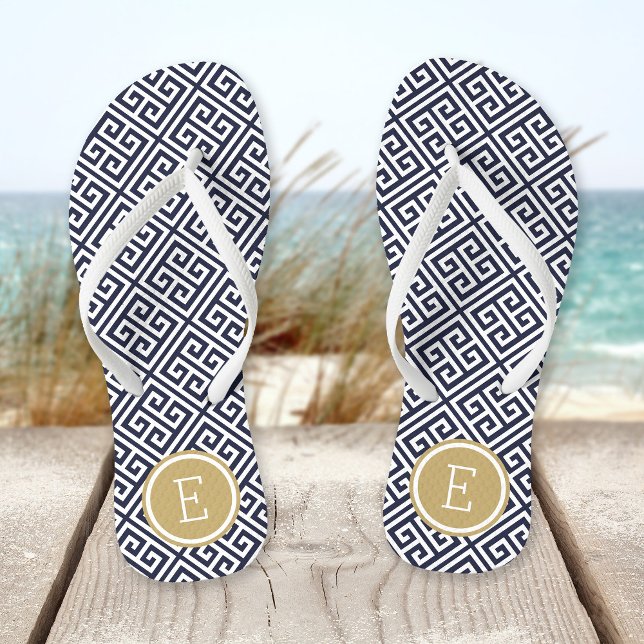 Monogramm für Navy und Gold-griechische Schlüssel Flip Flops (Von Creator hochgeladen)