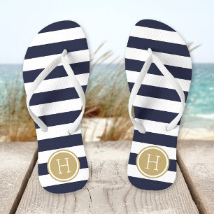 Monogramm für Navy und Gold Preppy Strips Flip Flops