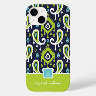 Monogramm für Navy und Green Ikat Paisley Case-Mate iPhone 14 Hülle