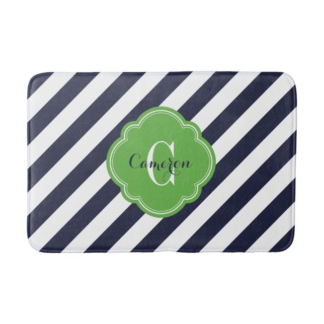 Monogramm für Navy und Green Preppy Strips Badematte (Vorderseite)