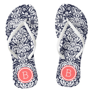Monogramm für Navy- und Korallenfloral-Damask Flip Flops