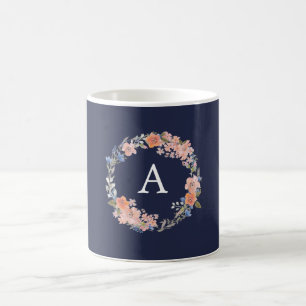 Monogramm für Navy und Peach Floral Wreath Tasse