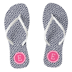 Monogramm für Navy und Pink-griechische Schlüssel Flip Flops