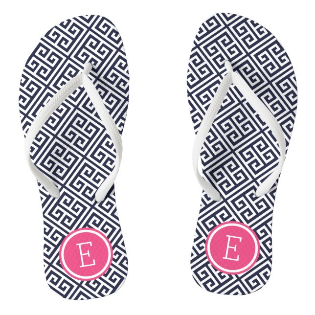Monogramm für Navy und Pink-griechische Schlüssel Flip Flops (Fußbett)