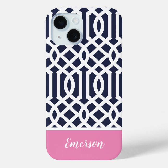 Monogramm für Navy und Rosa Trellis Case-Mate iPhone Hülle (Rückseite)