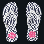 Monogramm für Navy und Rosa Trellis Flip Flops<br><div class="desc">Maßgeschneiderte,  bedruckte Flop-Sandalen mit einem stilvollen,  modernen Trellis-Muster und einem eigenen Monogramm oder einem anderen Text in einem Kreisrahmen. Klicken Sie auf Anpassen,  um Schriftart und Farben zu ändern oder eigene Bilder hinzuzufügen,  um ein einzigartiges Design zu erstellen!</div>