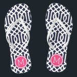 Monogramm für Navy und Rosa Trellis Flip Flops<br><div class="desc">Maßgeschneiderte,  bedruckte Flop-Sandalen mit einem stilvollen,  modernen Trellis-Muster und einem eigenen Monogramm oder einem anderen Text in einem Kreisrahmen. Klicken Sie auf Anpassen,  um Schriftart und Farben zu ändern oder eigene Bilder hinzuzufügen,  um ein einzigartiges Design zu erstellen!</div>