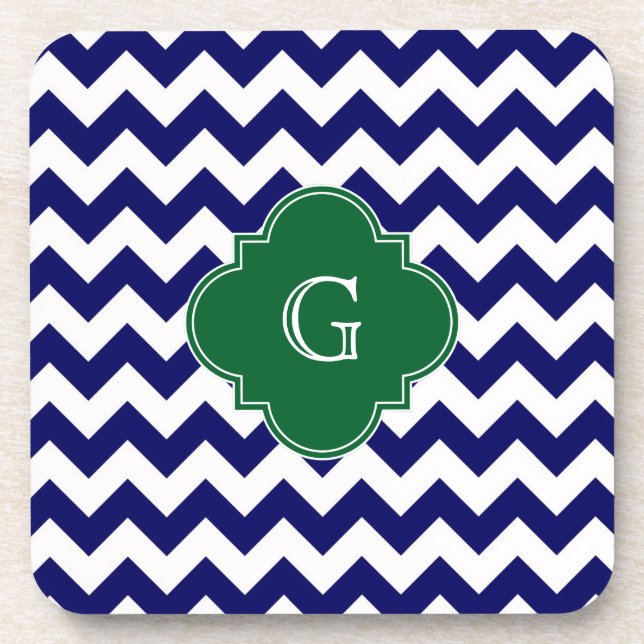 Monogramm für Navy Whrest Zickzack Forest Green Qu Untersetzer (Vorderseite)