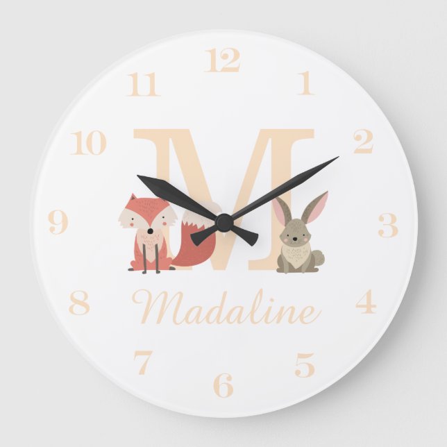 Monogramm für niedliche Fox-Kaninchen-Waldtiere Große Wanduhr (Vorderseite)