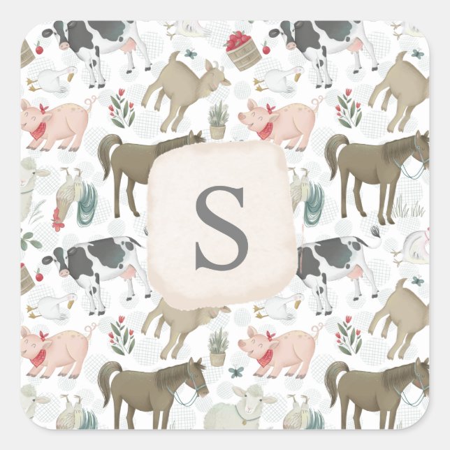 Monogramm für niedliche Landtiere in landwirtschaf Quadratischer Aufkleber (Vorderseite)