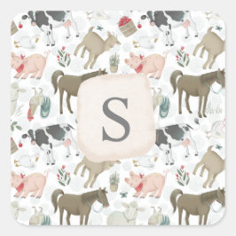 Monogramm für niedliche Landtiere in landwirtschaf Quadratischer Aufkleber