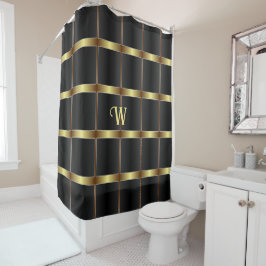 Monogramm für niedliche schwarze und goldene Quadr Duschvorhang