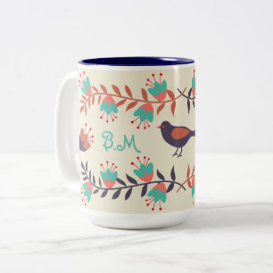 Monogramm für niedliche Vögel und BlumenFolkloreen Zweifarbige Tasse