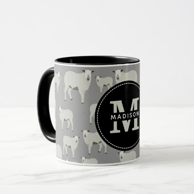 Monogramm für niedliches Schaf- und Lammentenmuste Tasse (Vorderseite Links)