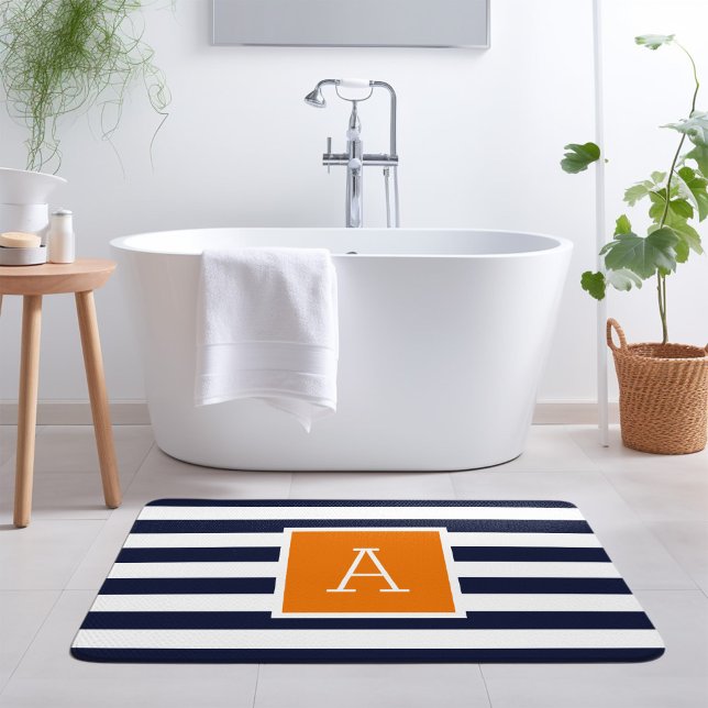 Monogramm für Orange und Navy Stripes Badematte (Von Creator hochgeladen)