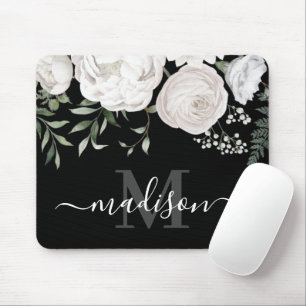 Monogramm für personalisierte Schwarz-weiße floral Mousepad