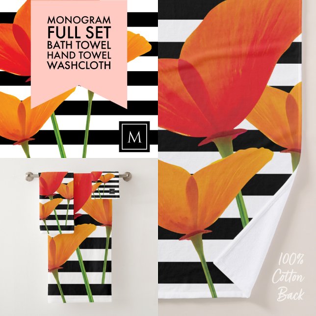 Monogramm für Poppy Chic Black Stripes Badhandtuch Set (Von Creator hochgeladen)