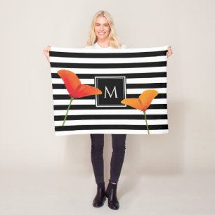 Monogramm für Poppy Chic Black Stripes Fleecedecke