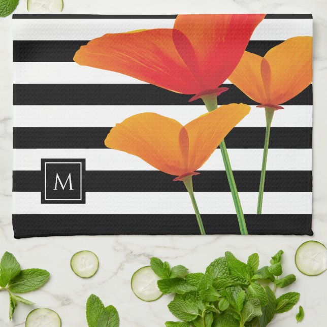 Monogramm für Poppy Chic Black Stripes Geschirrtuch (Gefaltet)